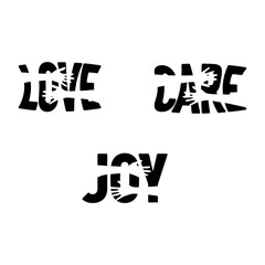 Love, care, joy. Lettering of words. Illustration on white background