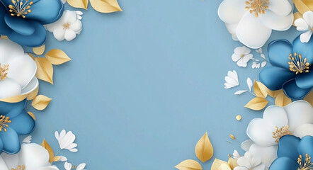 White and blue flowers with gold leaves on a light blue background create a beautiful border