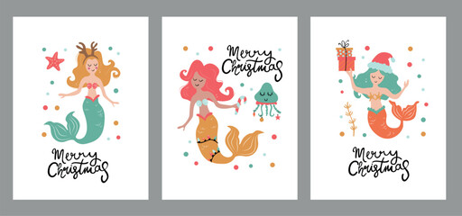 Merry Christmas Mermaid cards. Cute Mermaid in Christmas costumes.