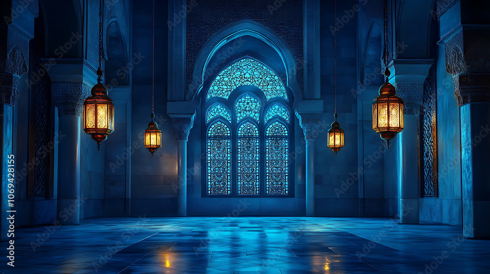 Poster moonlight shining through the window to the inside of an islamic mosque with hanging lanterns