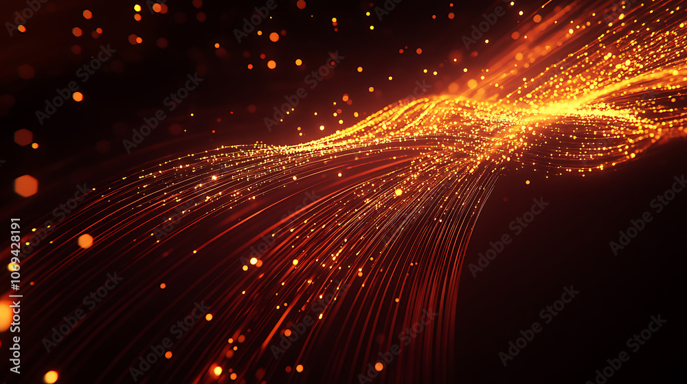Poster optical data concept depicted by abstract glowing lines on a dark background, the high speed, vast c