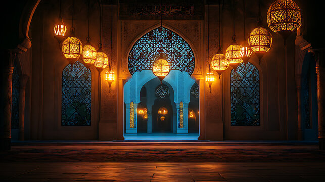 Moonlight shining through the window to the inside of an Islamic mosque with hanging lanterns