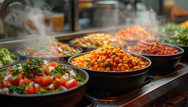 Variety of colorful salads are displayed on a counter, with steam rising from them. Concept of abundance and freshness, inviting people to enjoy the healthy and delicious options