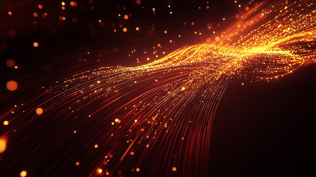 Optical data concept depicted by abstract glowing lines on a dark background, The high speed, vast capacity data transmission enabled by optical fiber technology in today's digital age