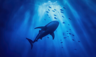 Fototapeta premium Majestic Whale Shark Surrounded by a Shoal of Fish in the Deep Blue Ocean