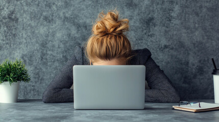 Frustrated woman faces computer challenges while working at desk
