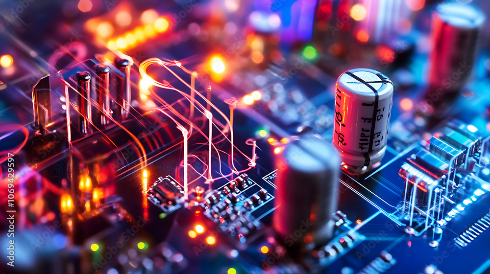 Aufkleber an electro engineering background with grid lines and electronics symbols