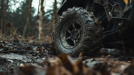 Fototapeta premium close-up of a wheel and traces of an ATV in the forest