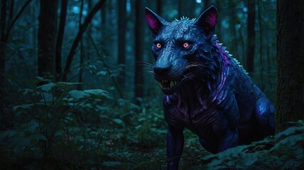 A mystical creature lurking in a dark, enchanted forest.