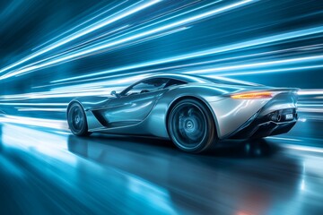 Obraz premium Sleek silver modern sports car in motion against a vibrant blue background with light streaks