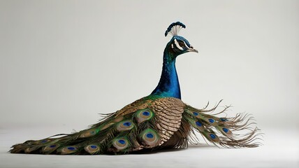 A peacock displaying its vibrant feathers in a minimalistic setting.