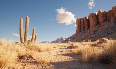 Majestic Desert Landscape with Towering Cacti and Striking Rock Formations