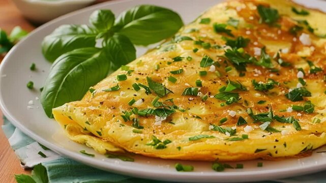 Fluffy omelette cooked to perfection is presented on a white plate, garnished with fresh herbs and pepper. The plate is sitting on a table with a blue and white tablecloth