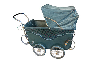 old children's stroller or pram, 19th century decoration isolated on white background
