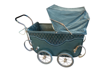 old children's stroller or pram, 19th century decoration isolated on white background