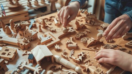 Hands crafting intricate wooden miniatures on a workshop table