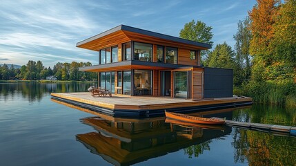 Obraz premium Modern Floating House on a Lake with Deck and Rowboat