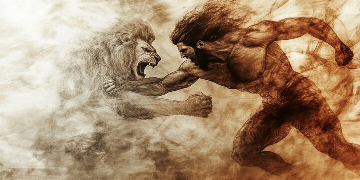 Dramatic abstract background of Samson battling a lion with intense lighting and minimalistic design, biblical scene, religious concept