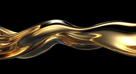 A golden liquid flows against a black background, creating a dynamic, abstract shape. The liquid is smooth and reflective, capturing the light and creating a sense of movement