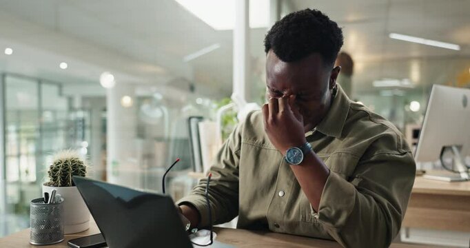 Black man, stress and laptop with headache for strain, pressure or overworked at office desk. Frustrated African, male person or tired employee with migraine or pain for fatigue, burnout or mistake