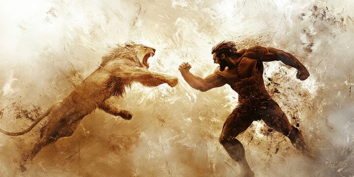 Dramatic abstract background of Samson battling a lion with intense light and minimalistic style, biblical scene, religious concept