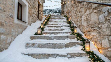 Beautifully decorated snowy staircase with lanterns and holiday lights
