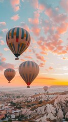 Fototapeta premium Vibrant hot air balloons floating in the sky during a golden sunrise, casting shadows on the ground..