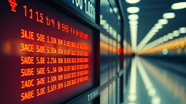 Commuters blurred in motion at a subway station, digital schedule board glowing red in the foreground. The scene captures evening urban transit vibes, suggesting busy city life and the passage of