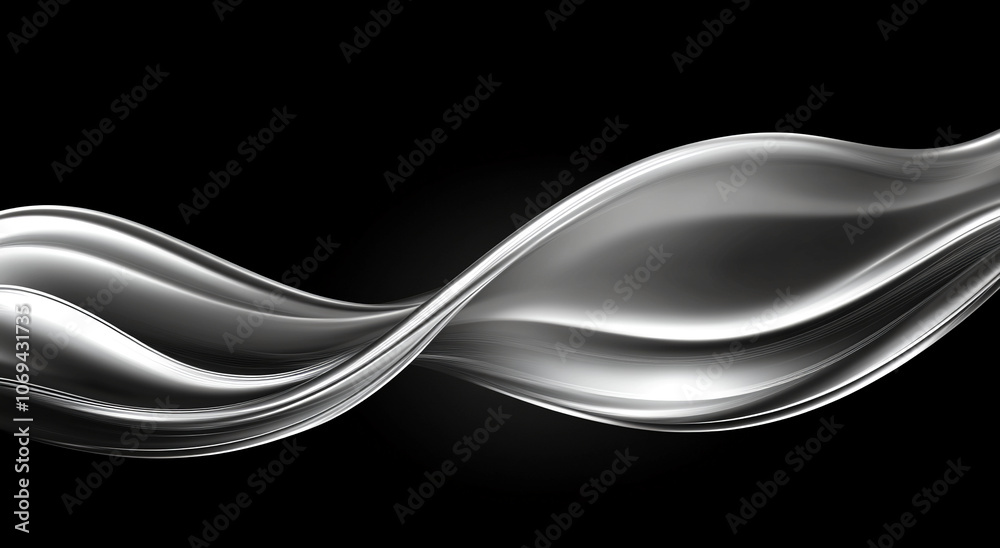 Poster A silver wave flows smoothly across a black background, creating a dynamic and elegant visual. The light catches the curve of the wave, highlighting its texture and movement