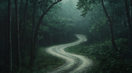 Fototapeta premium A winding dirt road that disappears into a dark forest filled with ominous sounds.