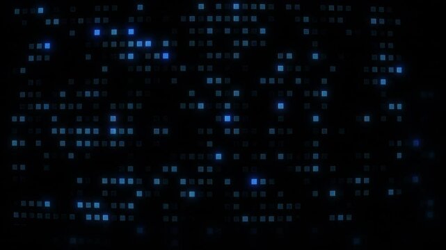 Glowing blue squares fill dark background resembling digital data.