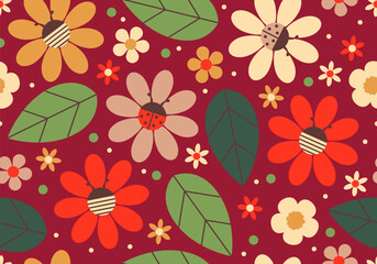 Seamless pattern with flowers and bee, ladybug. Cute background