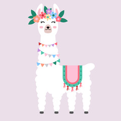 Fototapeta premium Llama alpaca. Funny alpacas animal. Cute Llama or Wooly Alpaca Character. Happy cute little llama