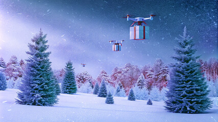 Obraz premium A group of drones carrying Christmas presents over a snowy landscape. Concept of Santa using drones to deliver presents from the North Pole.
