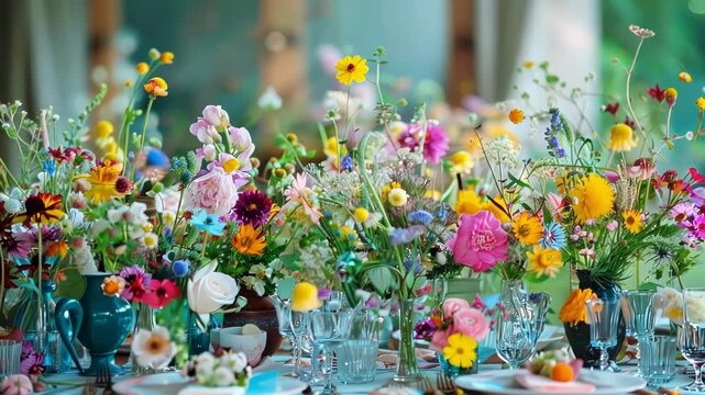 Festive table is set for guests attending a wedding reception, featuring colorful floral centerpieces in a variety of vases and glasses