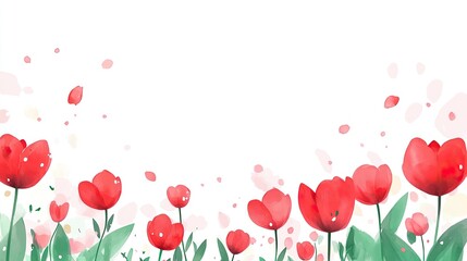 Vibrant red tulips in a serene floral landscape illustration