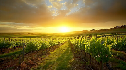 Naklejka premium A beautiful sunset over a vineyard, the sun shining through the clouds.