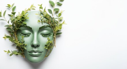 Green face mask adorned with leaves, symbolizing eco-friendly beauty products
