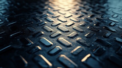 Highly detailed 3D rendering of diamond plate metal, brushed texture, raised patterns, soft reflections and shadows, sleek industrial look