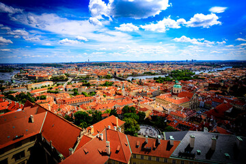 Aerial view of Prague, Czechia from atop tower