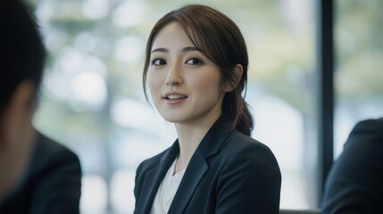 A woman in a business suit is smiling at the camera. Generative AI