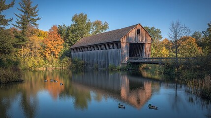 Obraz premium Historic Wooden Covered Bridge Over Calm River with Ducks and Trees