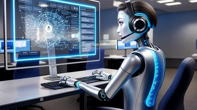 Futuristic Robot Working with Advanced Technology in Control Room