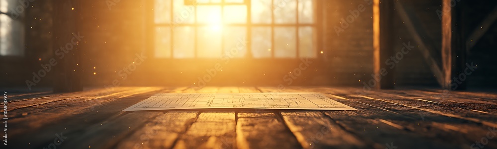 Poster Sunlight streams through a window, illuminating a dusty wooden floor, creating a warm and inviting atmosphere of tranquility.