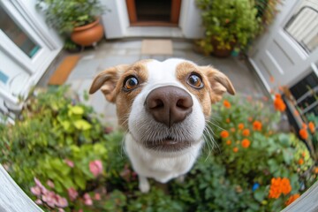 Curious dog animal portrait in a garden with fisheye lens