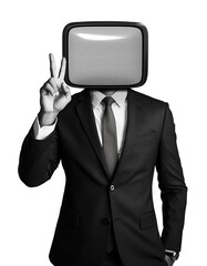 Retro man with television head on red background. Vintage man with television head. Retro collage featuring a man in a suit with a retro TV for a head. Retro collage for presentation. Peace sign.