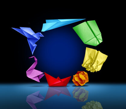 Full Circle Idiom as a changing origami paper sculpture returning to an original state as a complete cycle or transformation journey.