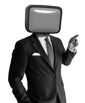 Retro man with television head on red background. Vintage man with television head. Retro collage featuring a man in a suit with a retro TV for a head. Retro collage for presentation. Pointing right.