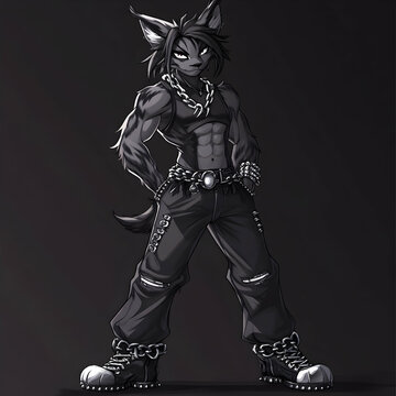 A black and white illustration of a furry anthro wearing a black crop top, jeans, and boots.  They are wearing a large chain and are standing with their hands on their hips.