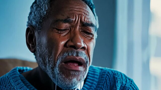 Emotional portrait capturing an elderly African American man crying solemnly in a blue sweater. The image conveys themes of grief, loss or reflection, set in an indoor environment.